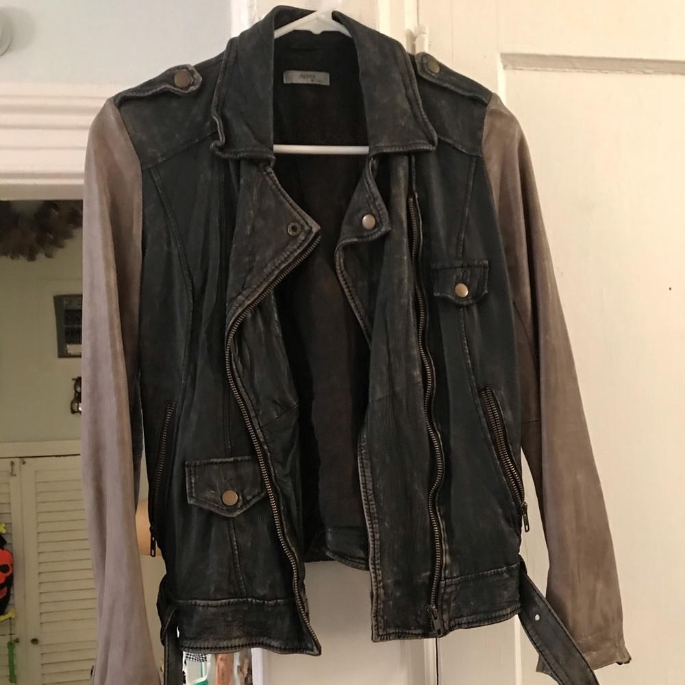 Distressed two-tone leather biker jacket